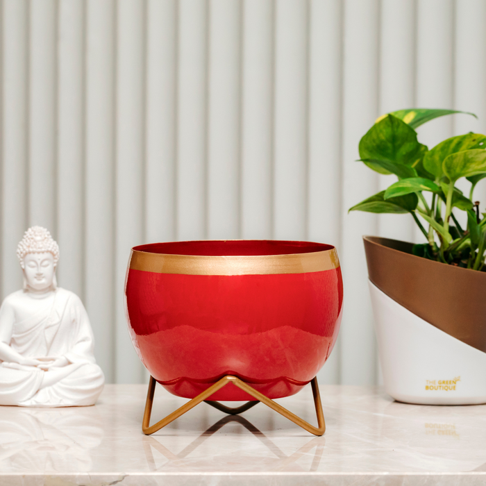 Red Golden Lining Metal Pot With Zig Zag Stand